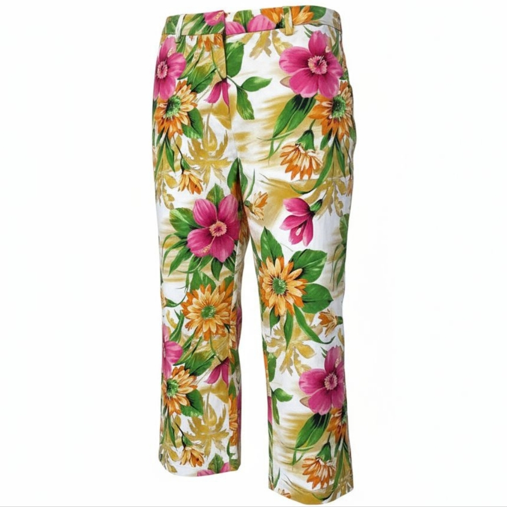 West Palm Womens Multicolor Floral Capri Pants Flat Front Slash Pockets Size 10